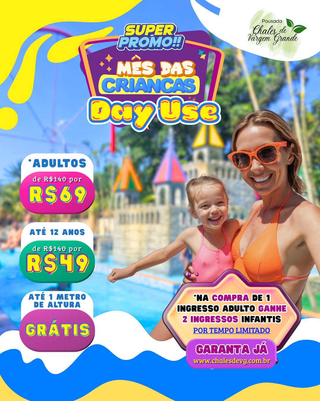 Venha aproveitar! Outubro é mês das crianças no Day Use do Chalés! Aproveite um dia de lazer completo 🏊 Piscinas fundas e rasas 🏖️ Espaços pé na areia 🏰 Castelinho molhado 🌊 Rio lento 💦 Baldões splash 👶 Playground infantil 🍔 Praça de alimentação 🍖 Restaurante Texas Rio 🎶 Programação musical diversificada e muito mais! 💰 INGRESSOS EM VALOR PROMOCIONAL POR TEMPO LIMITADO: 🎟️ Adulto: de R$140 por R$69 👧 Crianças até 12 anos: de R$120 por R$49 🍼 Crianças até 1m de altura: Grátis 🎁 Bônus Especial: Na compra de 1 ingresso adulto, você ganha 2 ingressos infantis (até 12a) para a mesma data! 📅 Válido para uso até Dezembro/2025 ⚠️ Ingressos bônus serão retirados no local. Promoção não cumulativa com outros descontos. 🎉 Aniversariante da semana não paga! Pode trazer bolo e comemorar com a gente! (Obs: não armazenamos alimentos) 🗓️ Funcionamento: sábados, domingos e feriados, das 10h às 17h Vendas pelo site: 🌐 www.chalesdevg.com.br Valores sujeitos a alterações 📍 Estrada dos Bandeirantes, 25.549 – Vargem Grande 📱 WhatsApp: (21) 99361-0218
