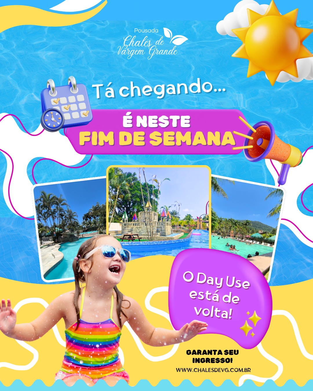 ✨ TÁ CHEGANDO! ✨ Neste fim de semana… O Day Use estará de volta no Chalés de Vargem Grande! 🌴 Um dia completo de lazer: 🏊 Piscinas • 🏖️ Espaços pé na areia 🏰 Castelinho molhado • 🌊 Rio lento 💦 Baldões splash • 👶 Playground 🍔 Praça de alimentação • 🎶 Música ao vivo 🔥 Promoção de Outubro: 🎟️ Adulto: De R$140 por R$69 👧 Crianças até 12 anos: De R$140 por R$49 🍼 Até 1m: grátis 🎁 Na compra de 1 adulto, ganhe 2 ingressos infantis (para a mesma data)! 📅 A partir de 4/10 🕙 Sábados, Domingos e feriados – 10h às 17h 👉 Garanta já: www.chalesdevg.com.br 📍 Estrada dos Bandeirantes, 25.539 – Vargem Grande 📱 (21) 99361-0218