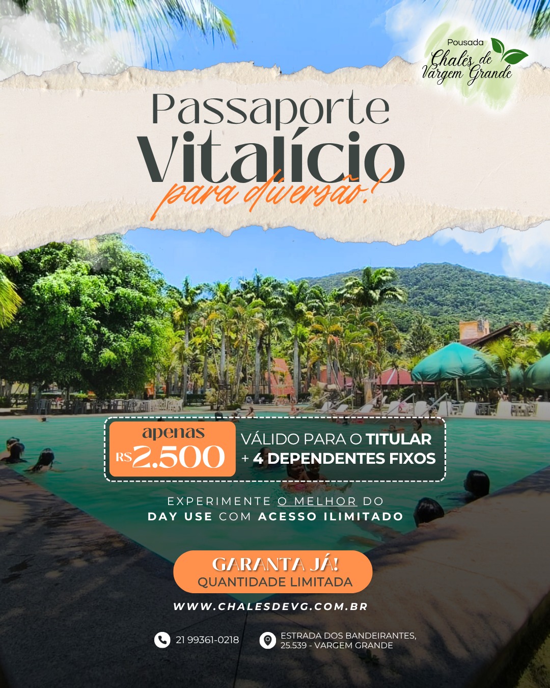 🌟 Viva a experiência do Day Use sem limites! 🌟 Com o Passaporte Vitalício do Chalés de Vargem Grande, você garante diversão para sempre: um investimento que vale a pena para viver momentos incríveis ao longo da vida. ✅ Acesso ilimitado ao Day Use ✅ Titular + 4 pessoas incluídas ✅ Diversão garantida em todas as atrações 🎟️ R$ 2.500,00 em 10x no cartão ou 5x no boleto 👉 Garanta já o seu e eternize suas memórias no Chalés de Vargem Grande! Informações detalhadas no nosso site: 🌐 www.chalesdevg.com.br 📲 (21) 99361-0218 📍 Estrada dos Bandeirantes, 25.539 - Vargem Grande