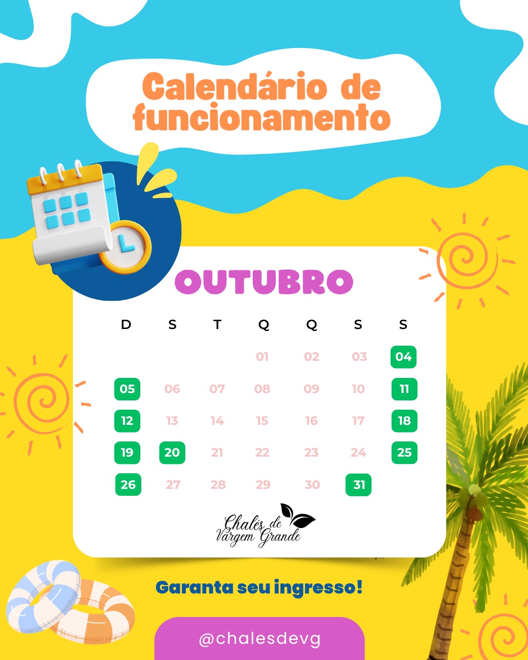 ✨ O mês está cheio de dias especiais para você aproveitar o Day Use da Pousada Chalés de Vargem Grande! 👉 Confira o calendário, marque na agenda e venha curtir nossas atrações: piscinas, castelinho molhado, rio lento, música ao vivo, DJ e muito mais. Não deixe para depois, viva cada momento aqui! 💦☀️ ⚠️ O funcionamento está sujeito às condições climáticas ⛈️