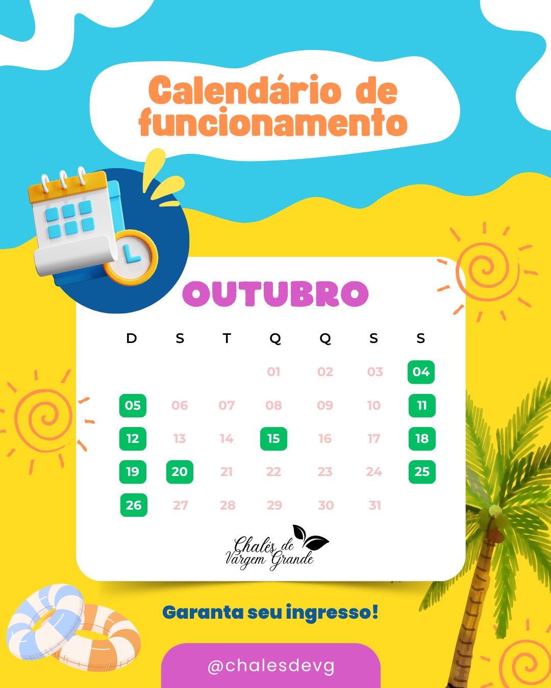 ✨ O mês está cheio de dias especiais para você aproveitar o Day Use do Chalés de Vargem Grande! 👉 Confira o calendário, marque na agenda e venha curtir nossas atrações: piscinas, castelinho molhado, rio lento, música ao vivo, DJ e muito mais. Não deixe para depois, viva cada momento aqui! 💦☀️