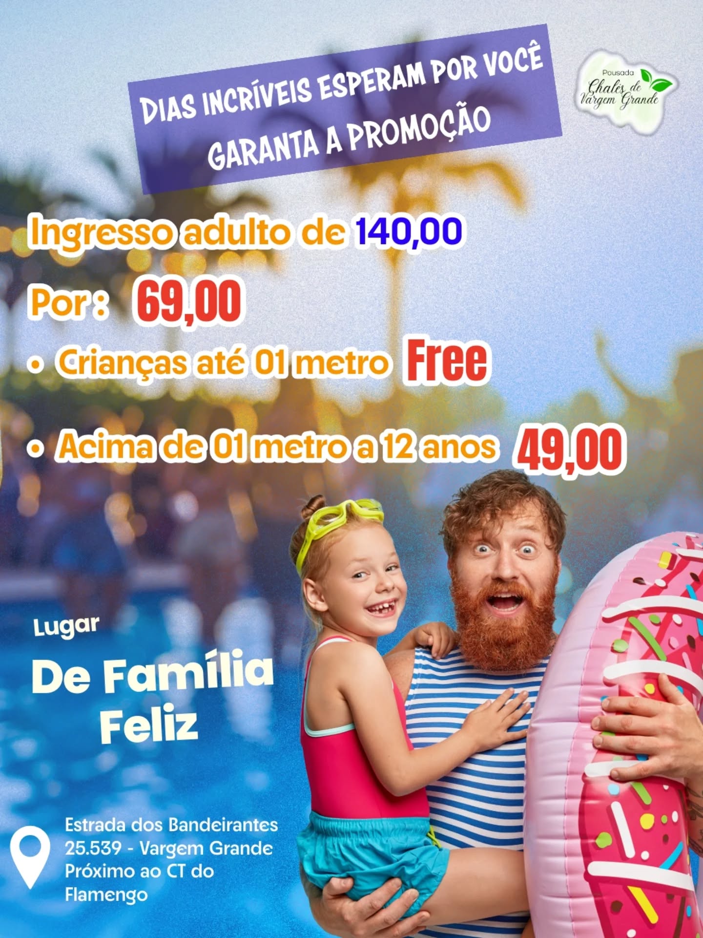 ☀️ Alerta de dias incríveis ! A temporada promete. Sol, céu azul e muuuito calor, do jeitinho que a gente gosta! Aqui você encontra: 🏊 Piscinas • 🏖️ Espreguiçadeiras 🏰 Castelinho molhado • 🌊 Rio lento 💦 Baldões splash • 👶 Playground 🍔 Restaurante e Praça de alimentação 🎶 Música ao vivo 🔥 INGRESSOS PROMOCIONAIS ⚠️ Necessário agendamento Avulsos 🎟️ Adulto: de R$140 ➝ por R$69 👧 crianças (até 12a) : R$ 49 👧 crianças menores que 01 metro : Free 🎉 Aniversariante da semana não paga! Pode trazer bolo e comemorar com a gente. (Obs: não armazenamos. Traga seus descartáveis). 🕙 Sábados, Domingos e feriados – 10h às 17h ⚠️Sujeito às condições climáticas ⛈️ 👉 Garanta já: www.chalesdevg.com.br 📍 Estrada dos Bandeirantes, 25.539 – Vargem Grande 📱 WhatsApp: (21) 99625-8100 . . . #DayUseRJ #vargemgranderj #familia #riodejaneiro #rj #errejota #criança #lazer #vargempequenarj #passeioemfamilia #passeiosrj #infantil