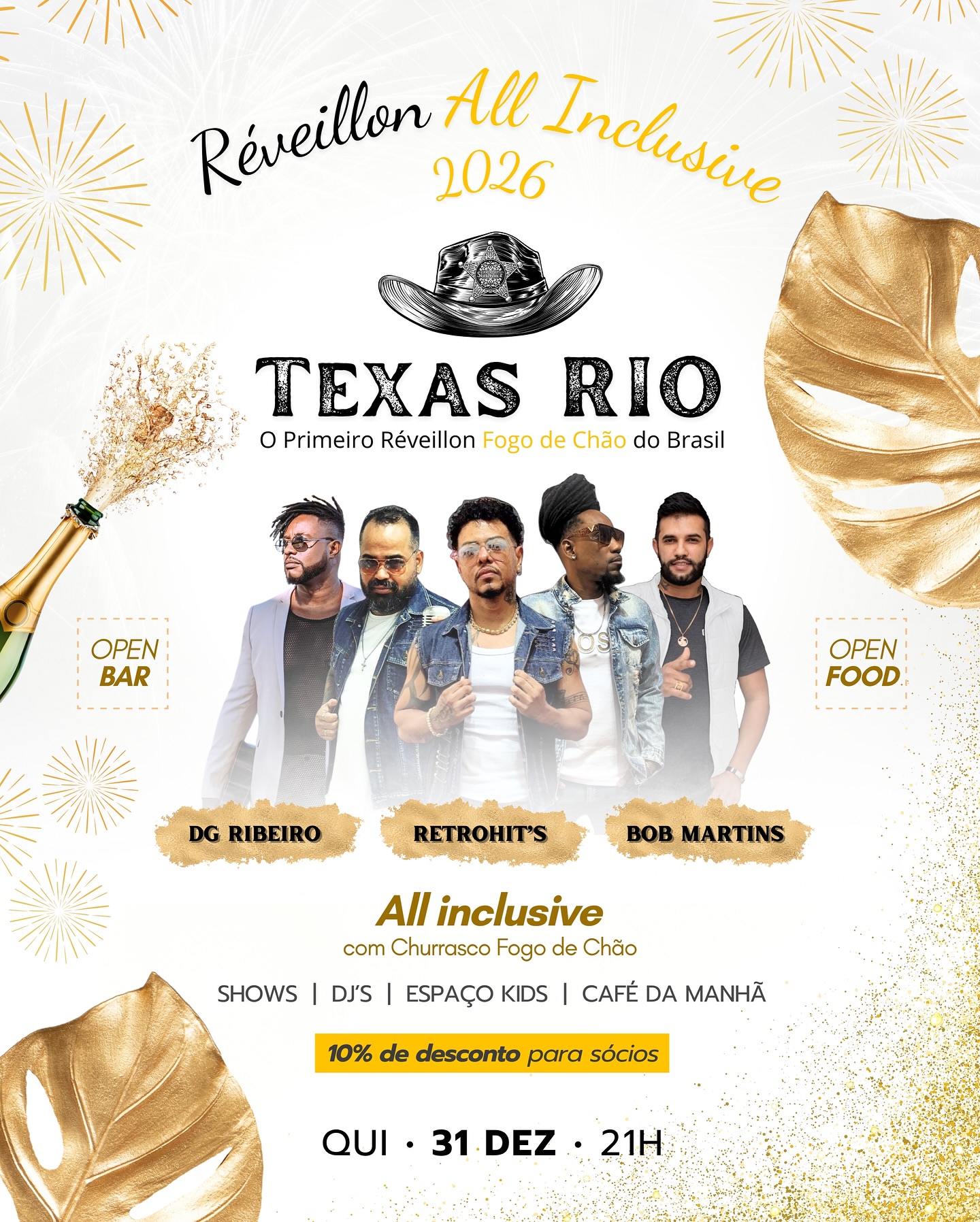 O 1º Réveillon Fogo de Chão do Brasil acaba de chegar com TUDO e promete revolucionar o ano novo da família carioca! São 8 horas de festa em meio a natureza, muita música e o melhor do Fogo de Chão Texas Rio. Tudo isso com bebida e comida liberada para você não ter que se preocupar com nada! 🍖 Festival Fogo de Chão 🥂 Buffet completo, salgados, café da manhã e bebida liberada 🎵 Bandas e Dj animando a noite toda 🎇 Queima de Fogos 🍃 Em meio à natureza e boas energias 🚙 Estacionamento no local (à parte) Primeiro lote de lançamento com valor exclusivo só até 07/11! 🎟️ Adulto - 490,00 👧 Infantil - a partir de 100,00 💳 Pagamento facilitado até 12x Já encaminha esse post pra alguém cansado das tradicionais festas de Réveillon do Rio. É natureza. É família. É fogo de chão. É Reveillon Texas Rio 🔥